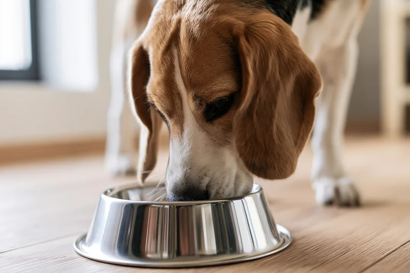Beagle dog eating from stainless steel bowl on wooden floor indoors