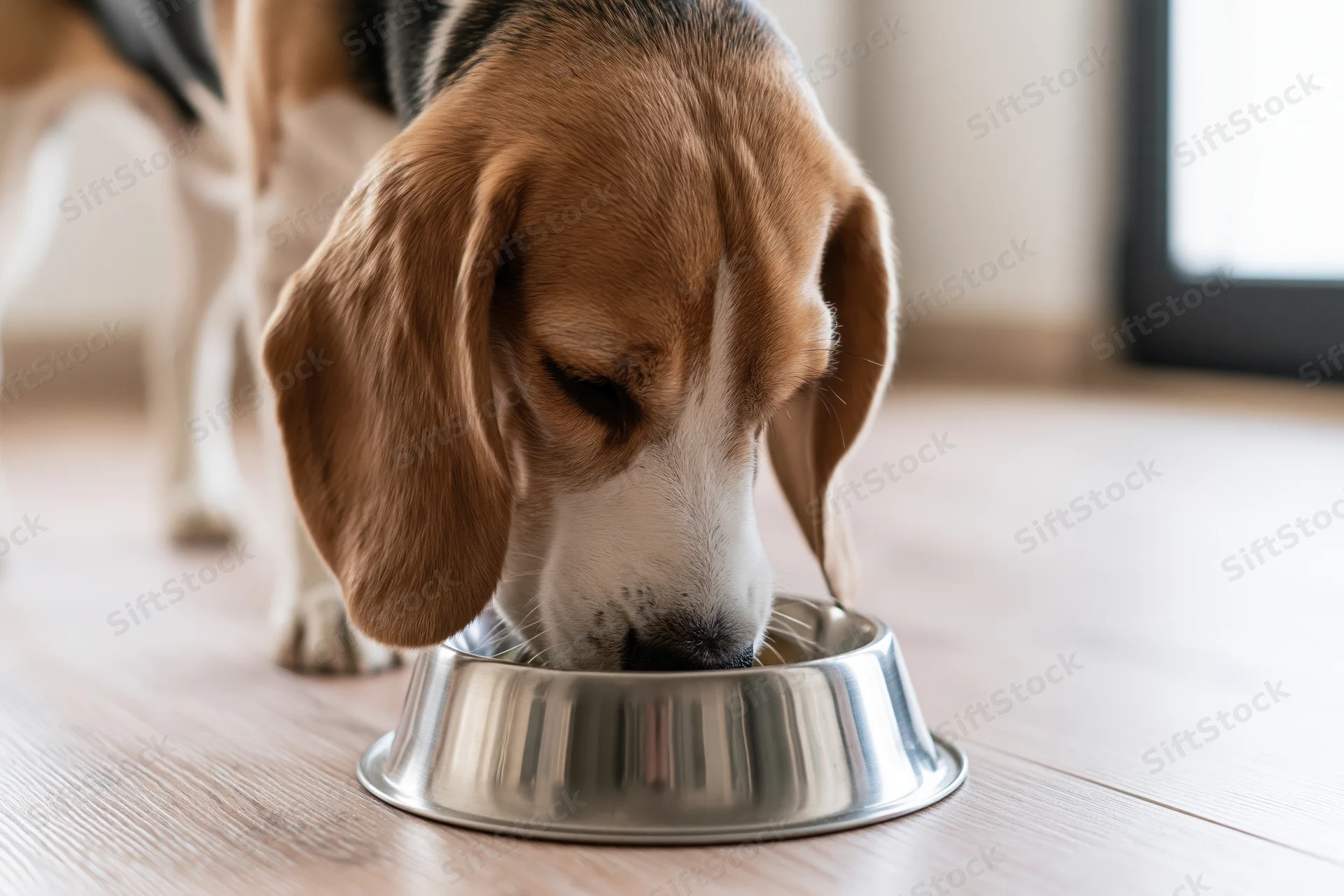 Beagle dog eating from a stainless steel bowl on a wooden floor indoors