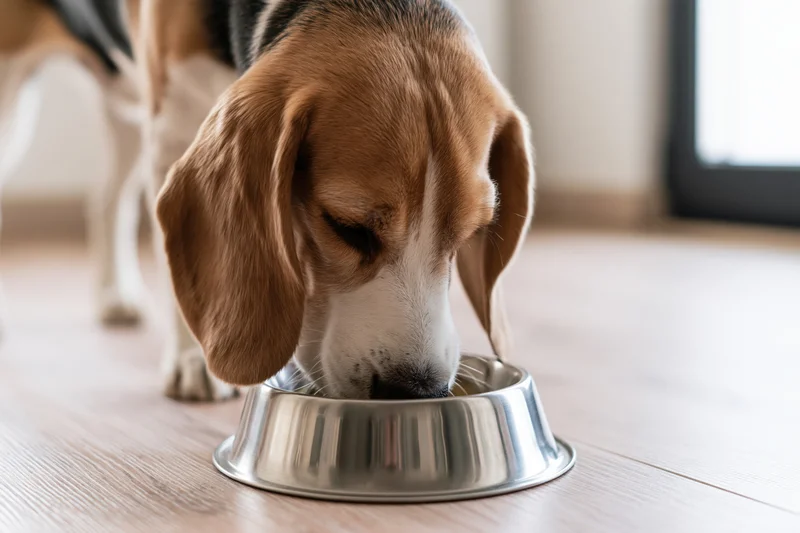 Beagle dog eating from a stainless steel bowl on a wooden floor indoors