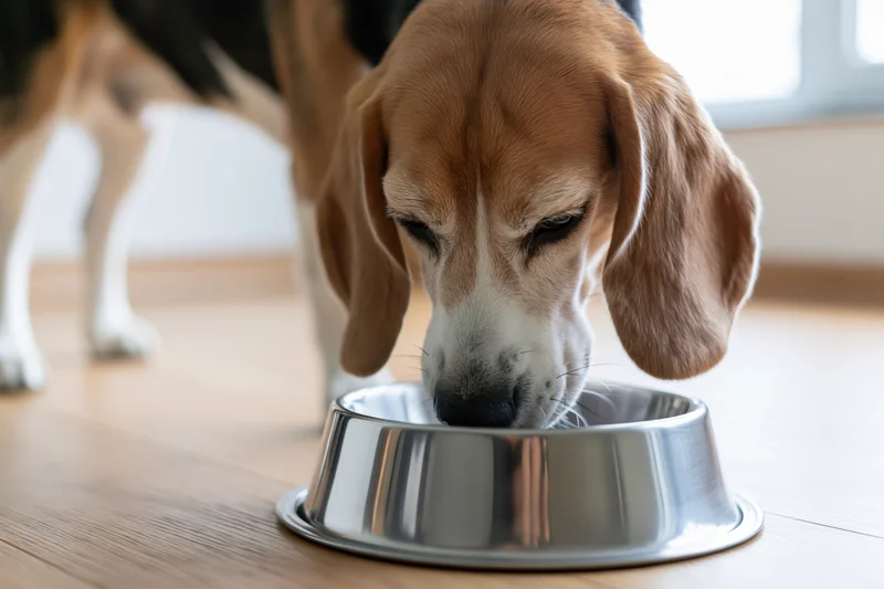 Beagle eating from a stainless steel bowl on a wooden floor indoors