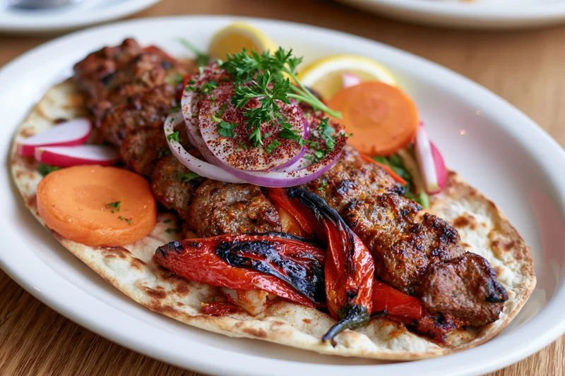 Grilled turkish adana kebab served on flatbread with vegetables and herbs on a white plate
