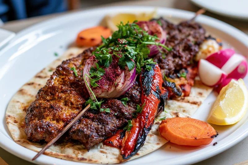 Grilled adana kebab on flatbread with vegetables and herbs on a white plate