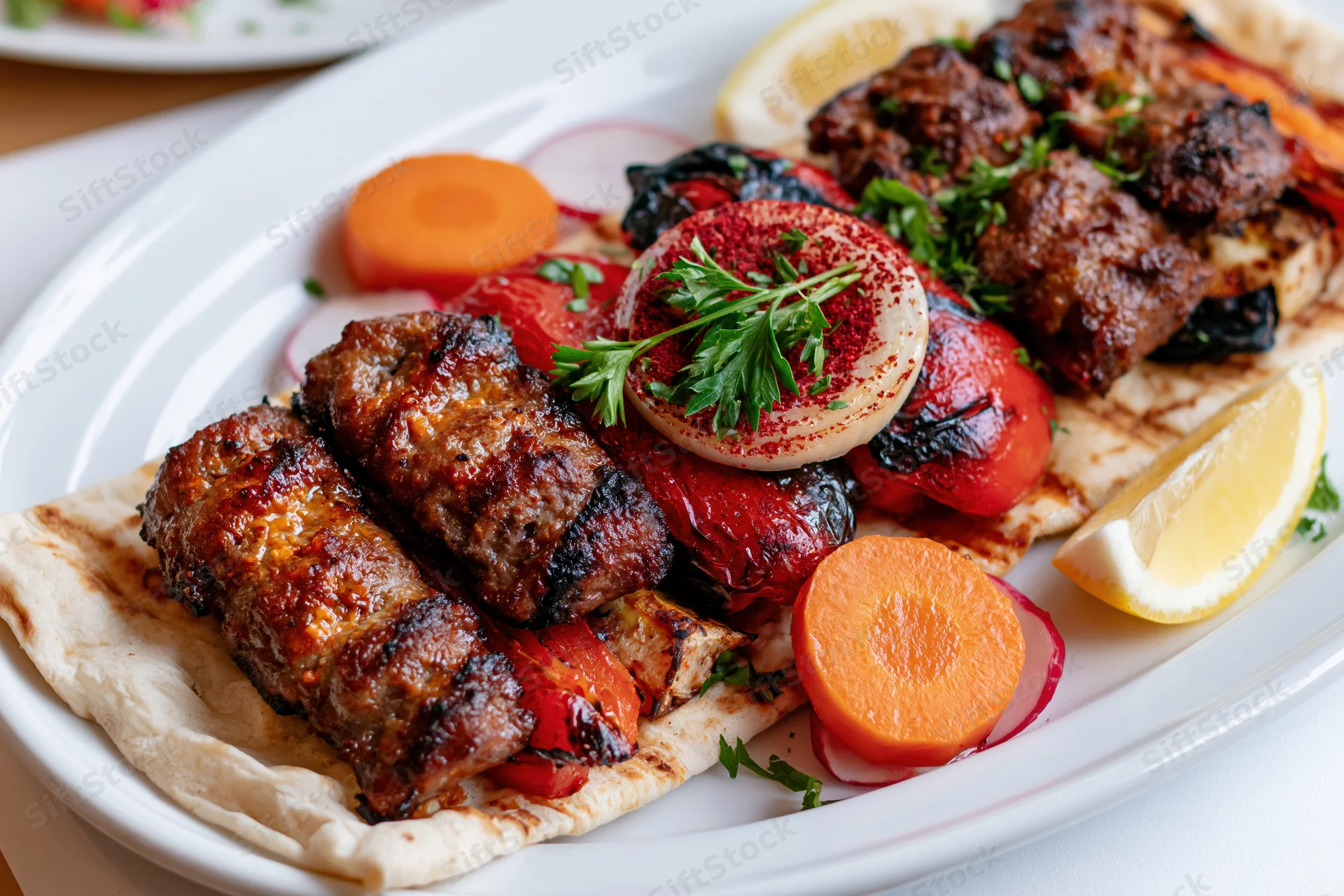 Grilled adana kebab on flatbread with vegetables and lemon on a white plate
