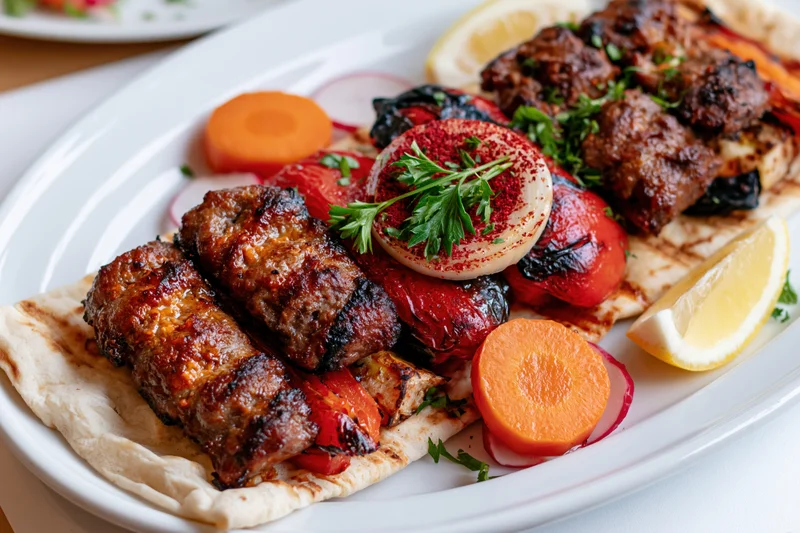 Grilled adana kebab on flatbread with vegetables and lemon on a white plate