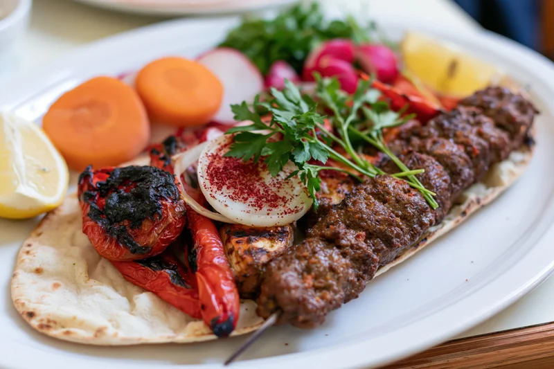 Turkish adana kebab on flatbread with grilled vegetables and herbs served on a white plate