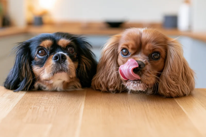 Two cavalier king charles spaniels peering over wooden table edge in kitchen interior