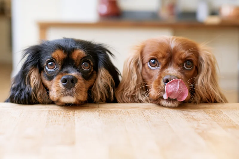 Two cavalier king charles spaniels peering over wooden table edge indoors