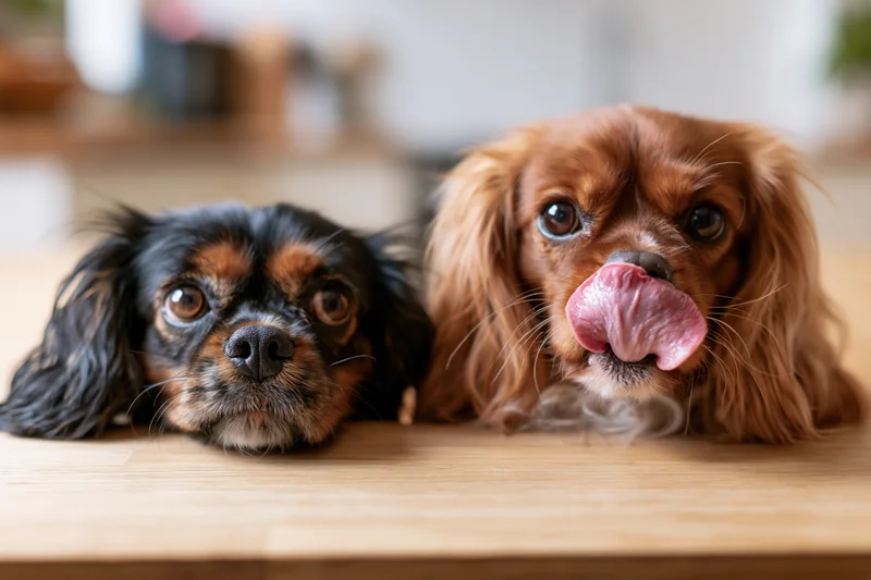 Two cavalier king charles spaniels peering over wooden table edge with one licking nose
