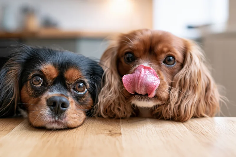 Two cavalier king charles spaniels peering over wooden table edge with one licking nose