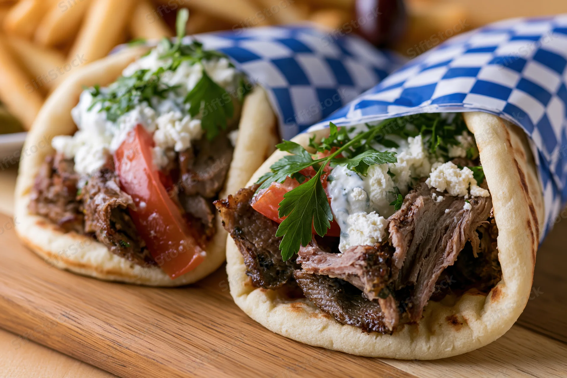 Two Greek gyros wrapped in checkered paper on a wooden cutting board with fries in the background