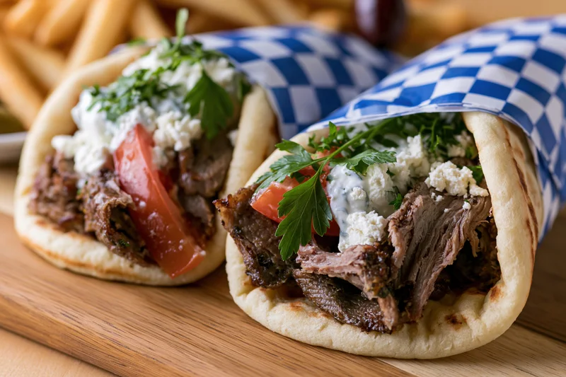 Two Greek gyros wrapped in checkered paper on a wooden cutting board with fries in the background