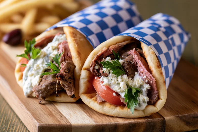 Two Greek gyros wrapped in blue and white checkered paper on a wooden cutting board with tomato, parsley, feta cheese, and grilled meat filling
