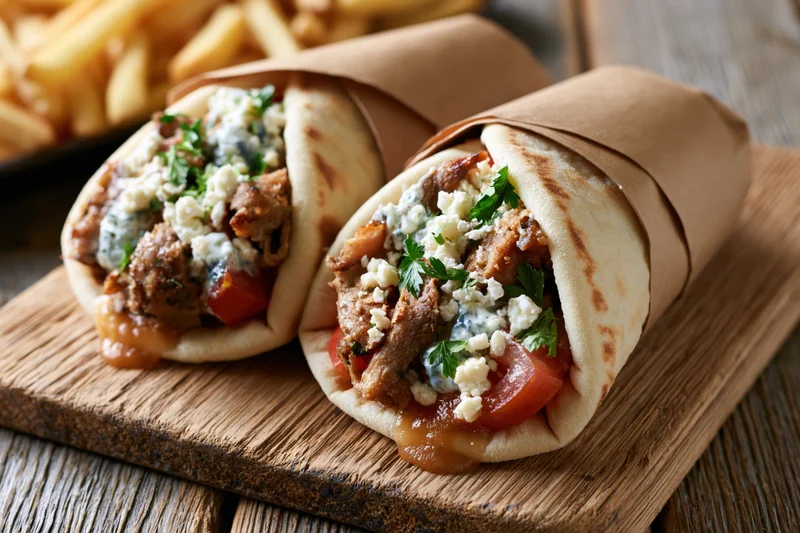 Two greek gyros wrapped in pita and brown paper on a wooden board with fries in the background