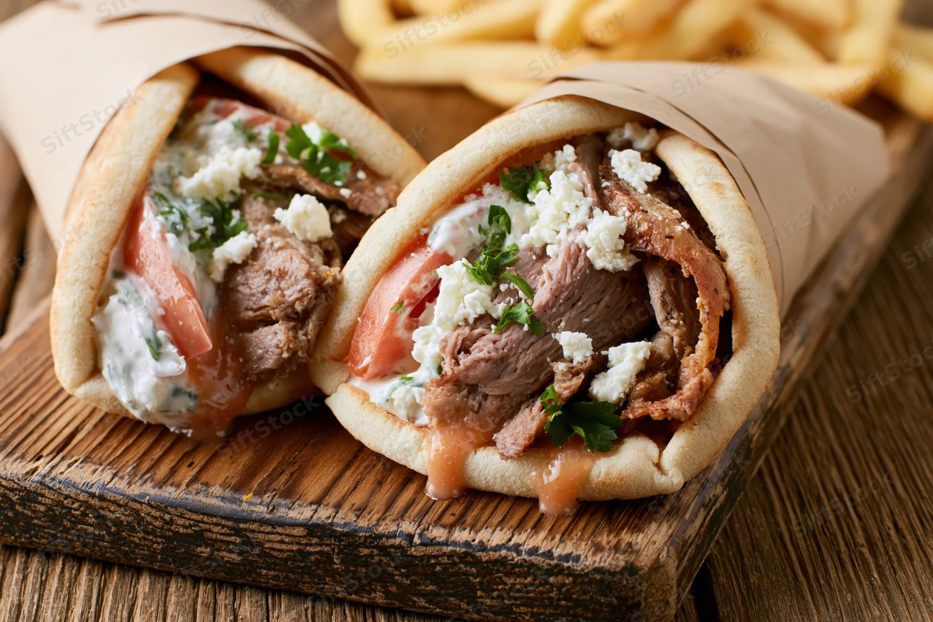Two greek gyros wrapped in pita and brown paper on a wooden board with french fries beside