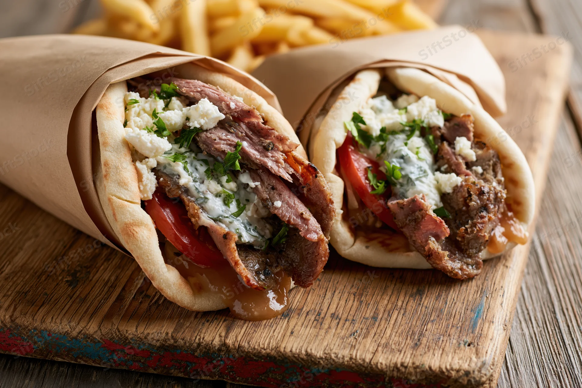 Two greek gyros wrapped in pita and brown paper on a wooden board with french fries