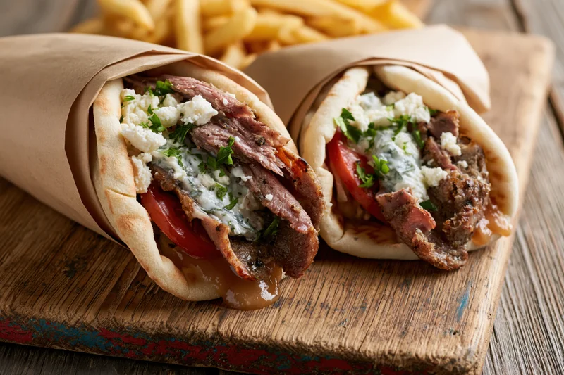 Two greek gyros wrapped in pita and brown paper on a wooden board with french fries