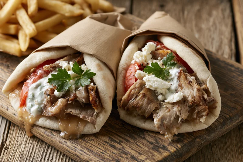 Two greek gyros wrapped in pita and brown paper on a wooden board with french fries
