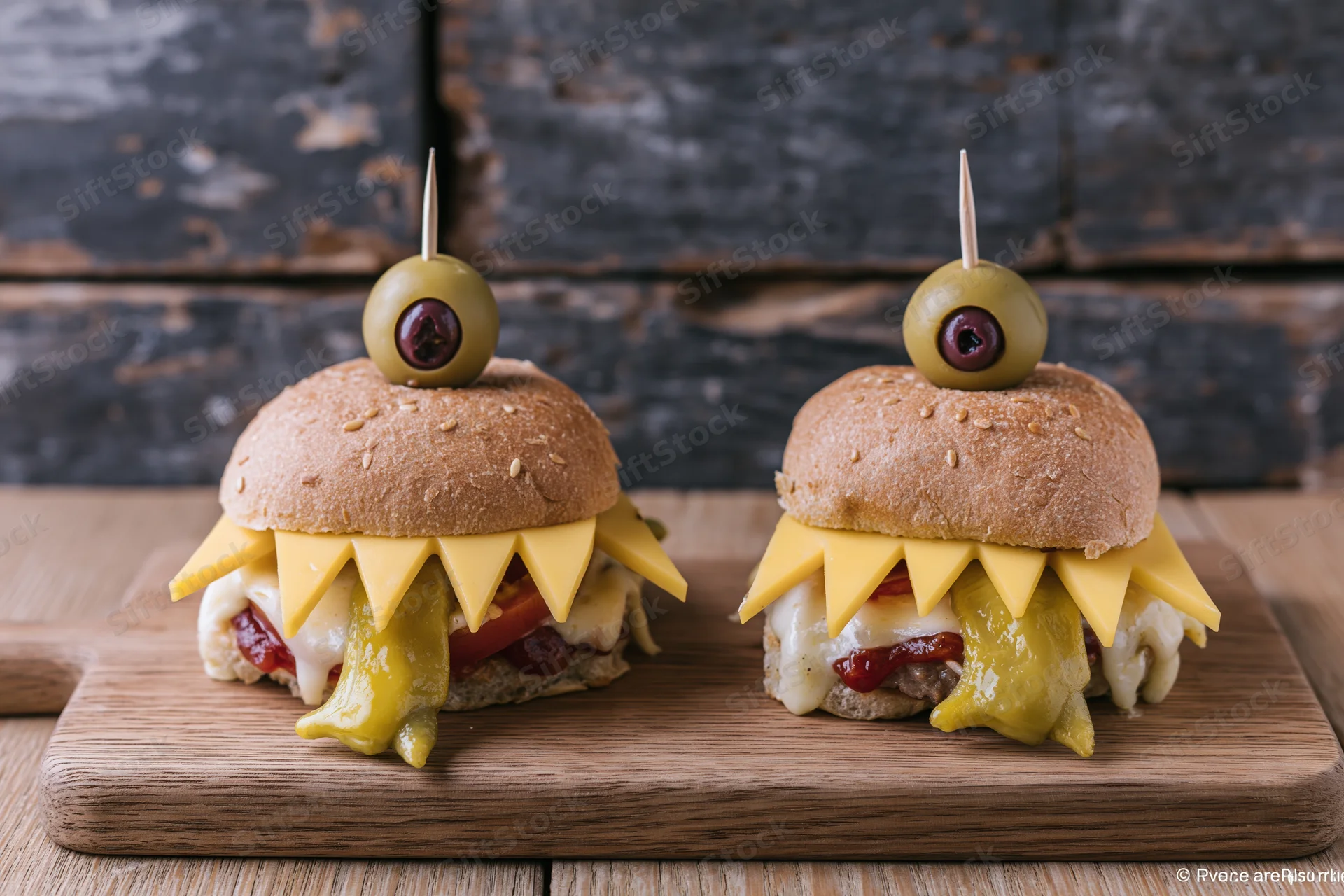 Two monster-themed burgers with olive eyes and cheese teeth on a wooden cutting board