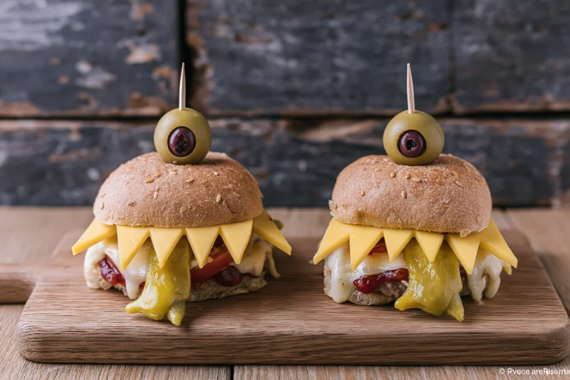Two monster-themed burgers with olive eyes and cheese teeth on a wooden cutting board