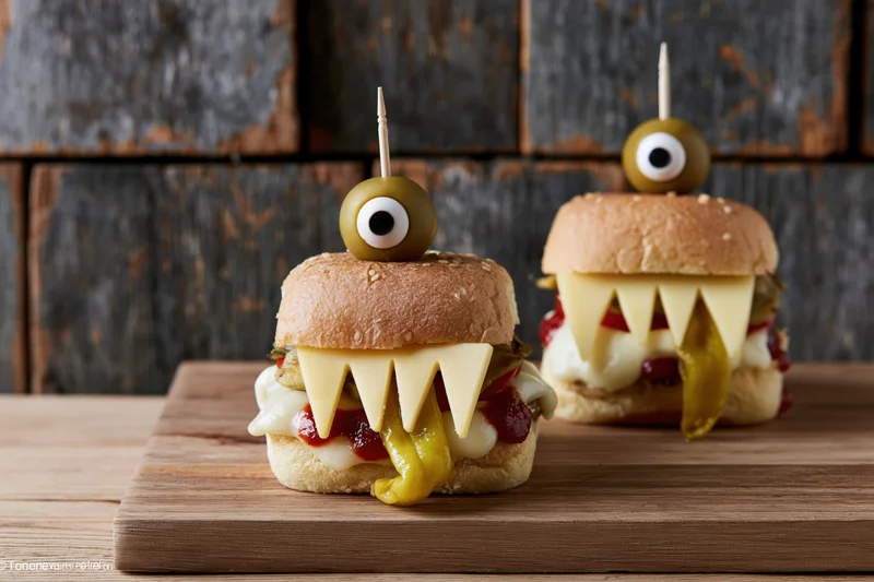 Two monster-themed burgers with cheese teeth and olive eyes on a wooden cutting board
