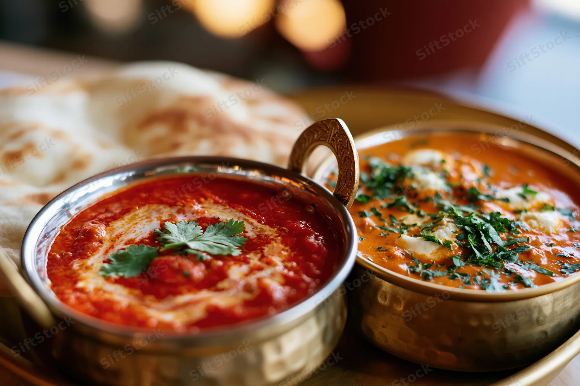 Two indian curry dishes in brass karahi bowls with flatbread on a tray