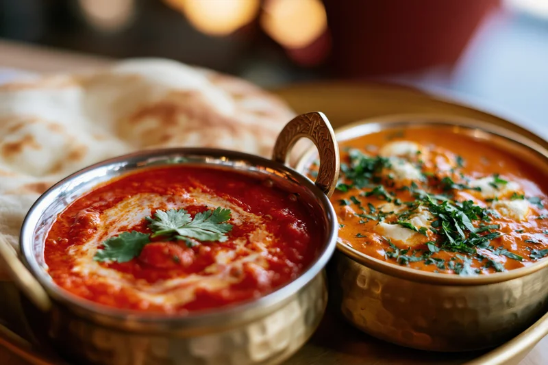 Two indian curry dishes in brass karahi bowls with flatbread on a tray