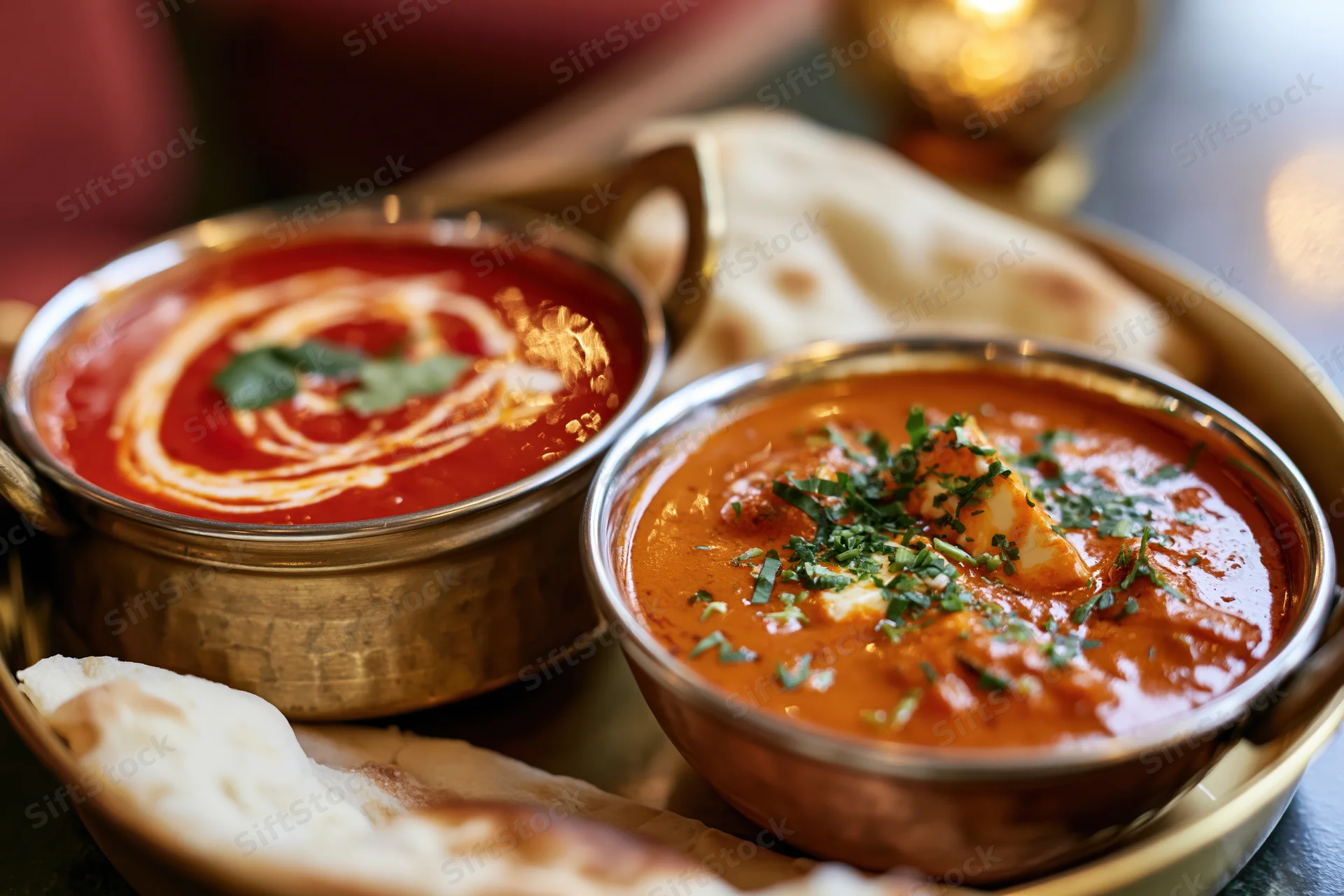 Two indian curry dishes in brass karahi bowls with naan bread on a tray