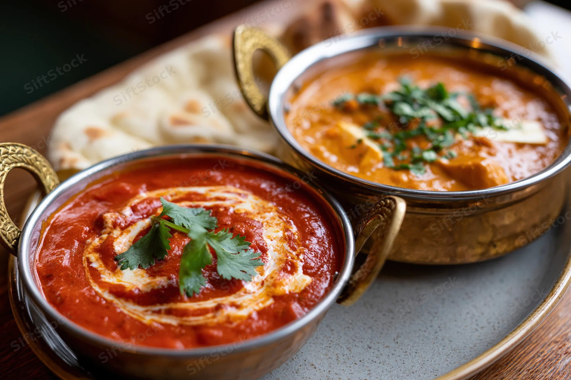 Two indian curries in brass karahi bowls with naan bread on a tray