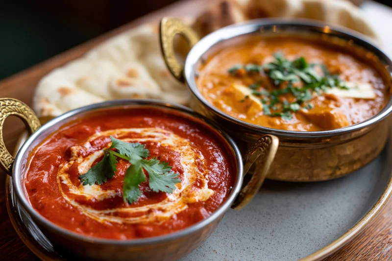 Two indian curries in brass karahi bowls with naan bread on a tray