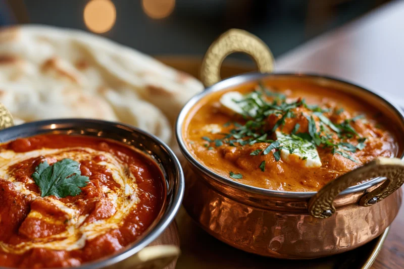 Two indian curry dishes in brass karahi bowls with naan bread on a table