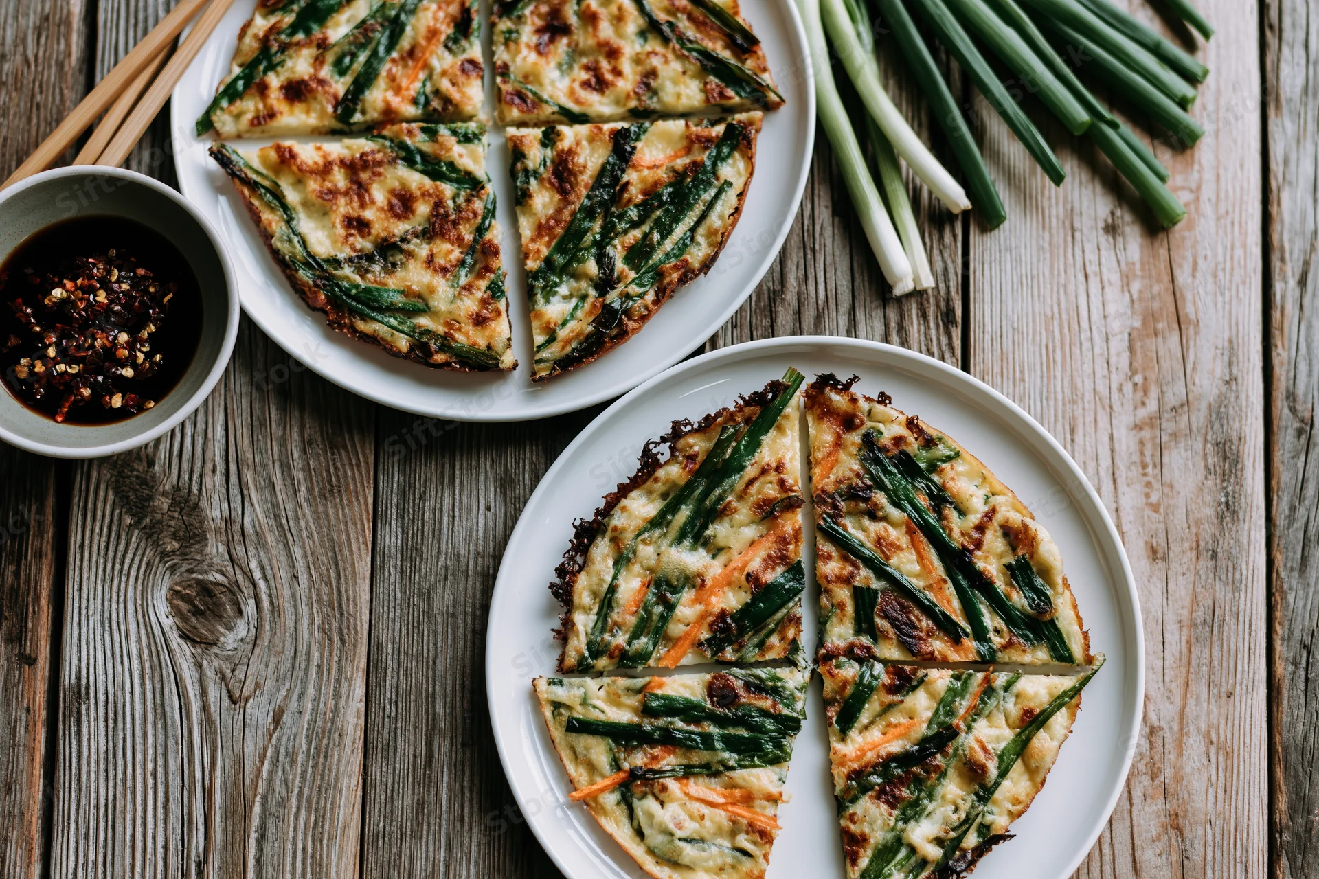 Two korean scallion pancakes sliced and served on white plates with dipping sauce and chopsticks on a wooden table
