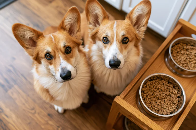Two pembroke welsh corgis sitting on hardwood floor beside elevated feeding tray with bowls of kibble