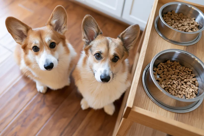 Two pembroke welsh corgis sitting on hardwood floor beside elevated feeding station with metal bowls of dry food