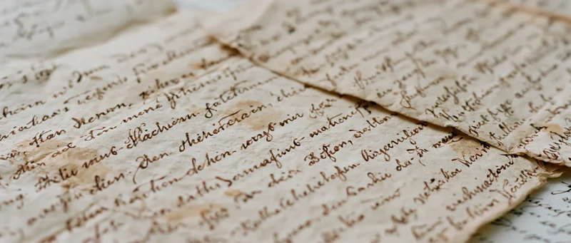Aged handwritten german cursive letters with folds and creases laid flat on a surface