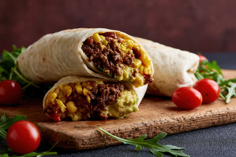 Two beef and vegetable burritos cut in half and stacked on a wooden board with cherry tomatoes and arugula