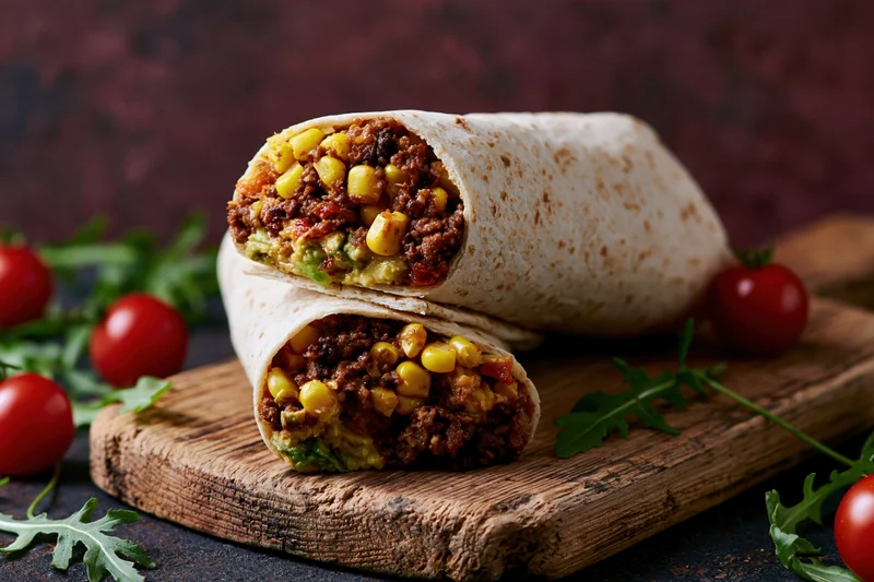 Two beef and vegetable burritos cut in half and stacked on a wooden cutting board with cherry tomatoes and arugula around
