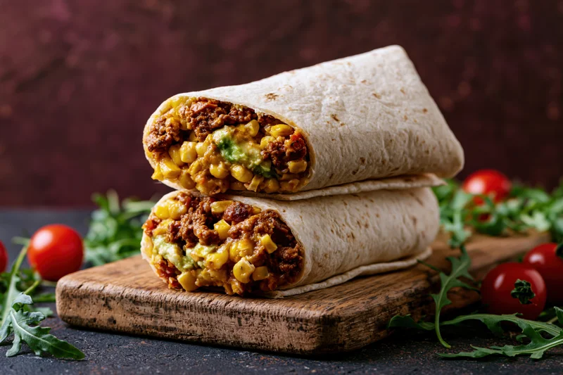 Two beef and vegetable burritos cut in half and stacked on a wooden cutting board with cherry tomatoes and arugula around