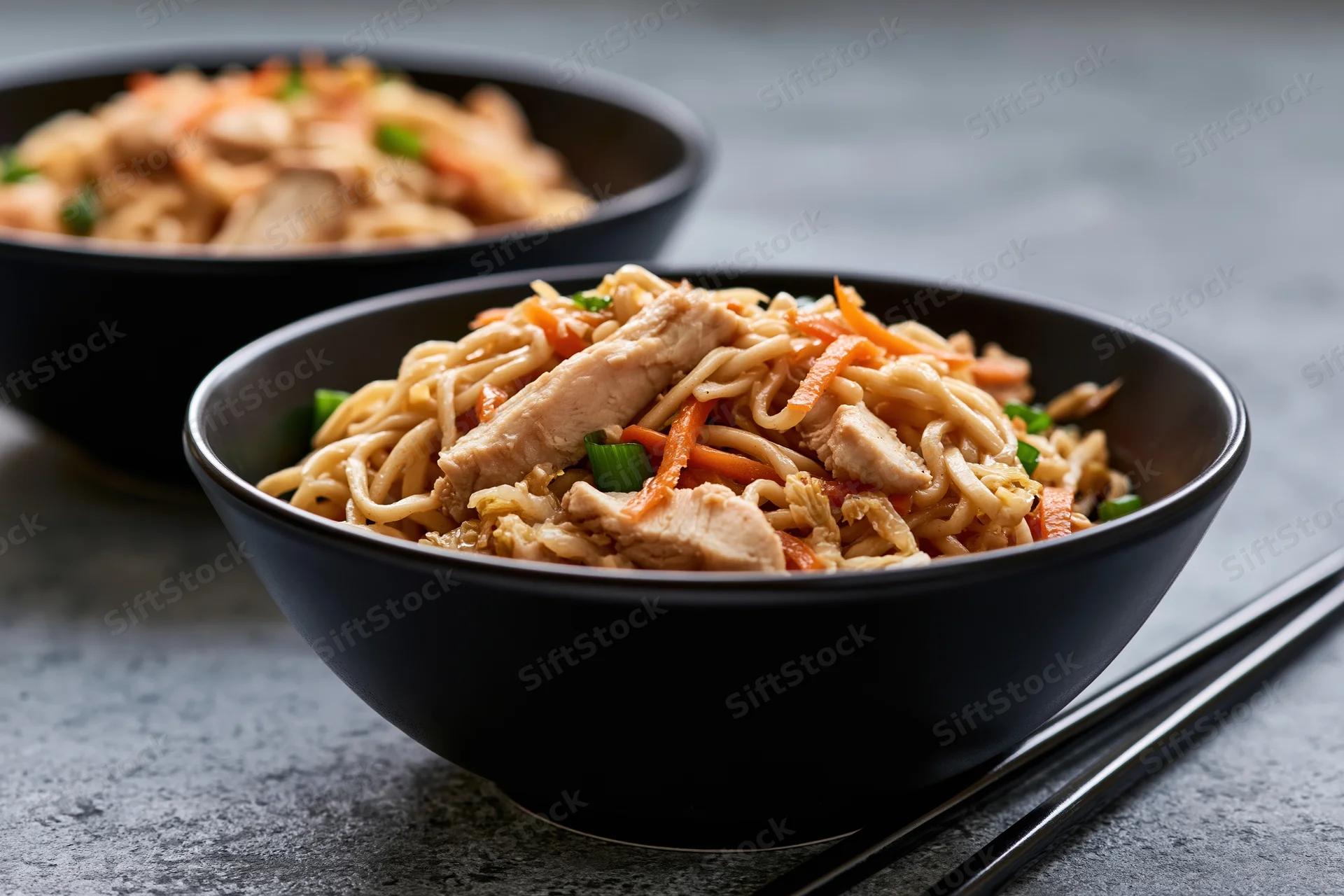 Two black bowls of stir-fried egg noodles with chicken and vegetables on a gray surface, chopsticks beside