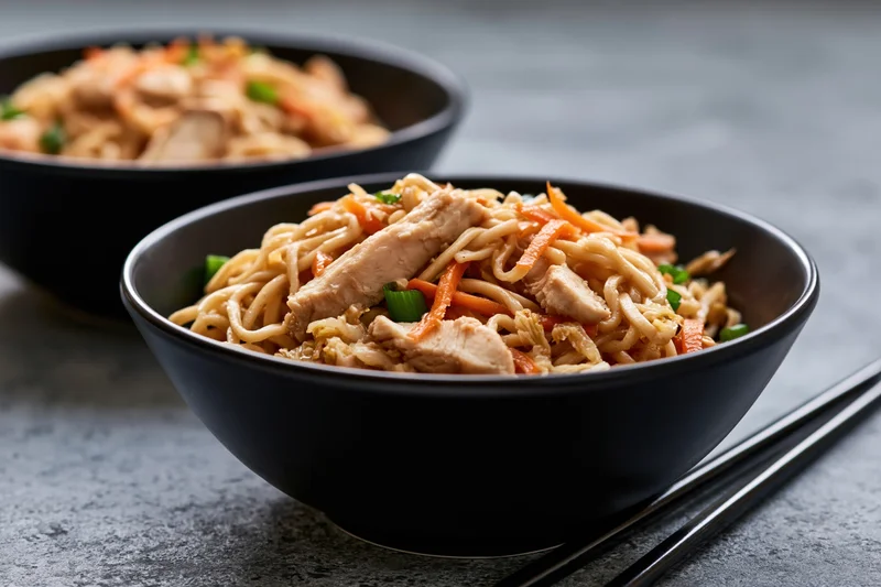 Two black bowls of stir-fried egg noodles with chicken and vegetables on a gray surface, chopsticks beside
