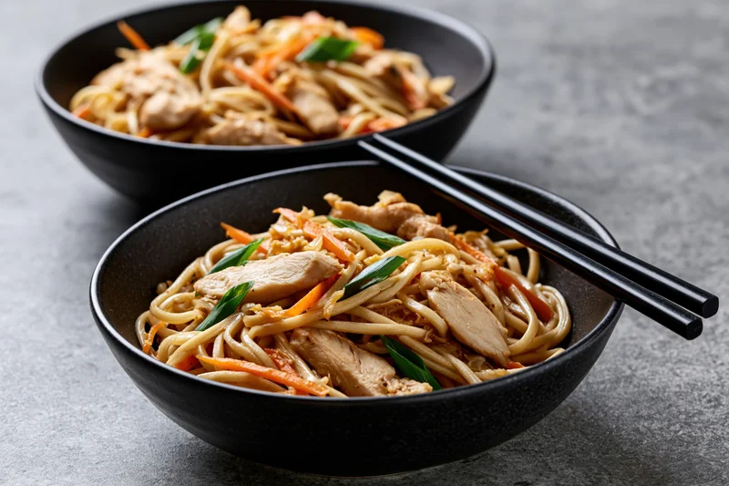 Two black ceramic bowls of stir-fried egg noodles with chicken and vegetables, chopsticks resting on one bowl, on a gray textured surface