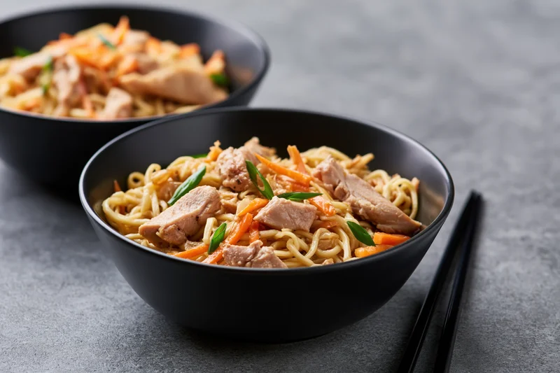 Two black bowls of stir-fried egg noodles with chicken and vegetables on a gray surface, chopsticks beside
