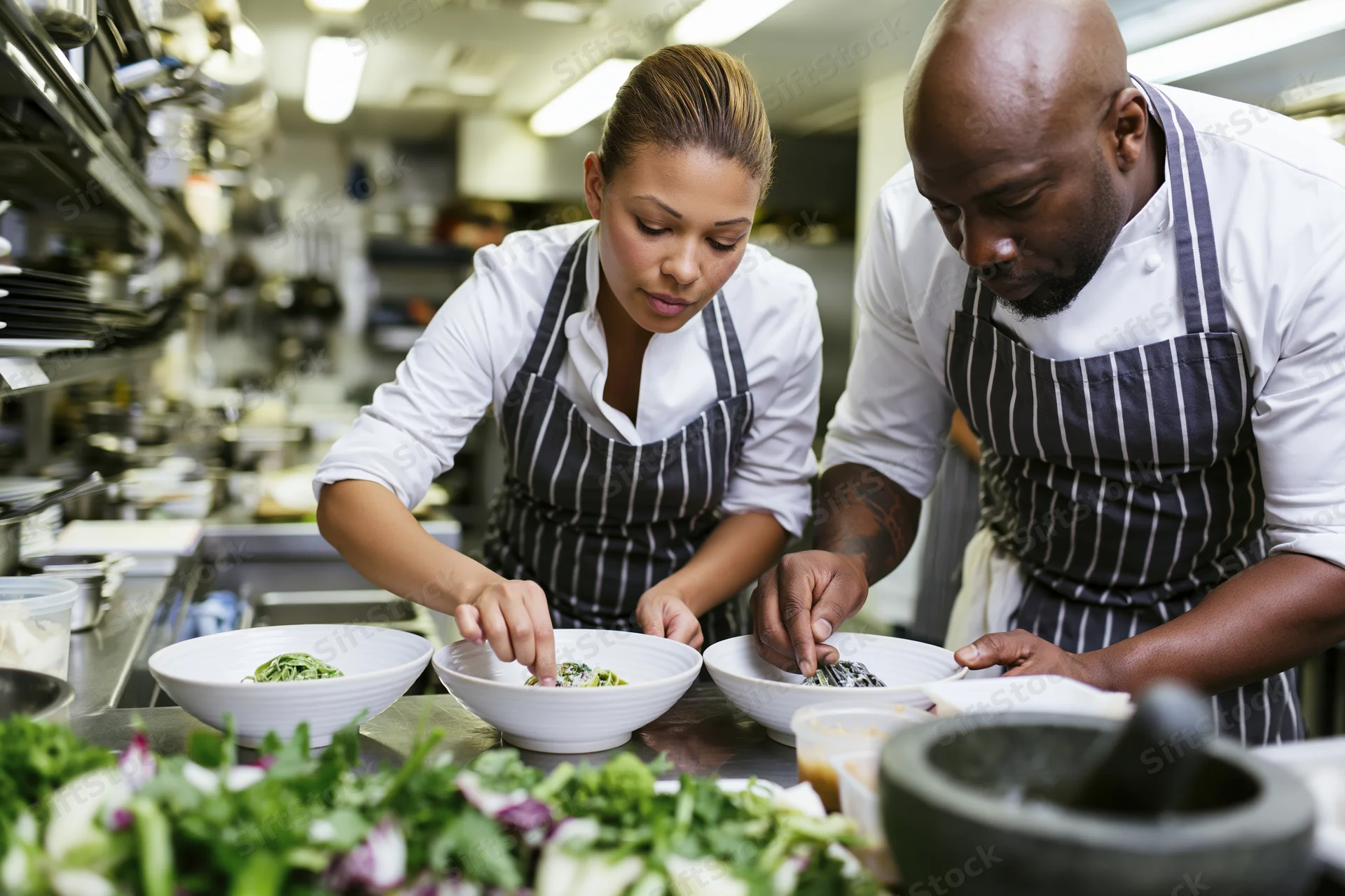 Two chefs plating pasta dishes in a commercial kitchen