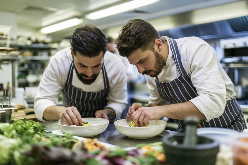 Two chefs plating pasta dishes in a commercial kitchen