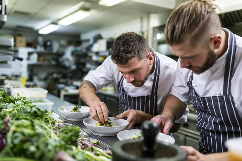 Two chefs plating pasta dishes with fresh herbs in a commercial kitchen
