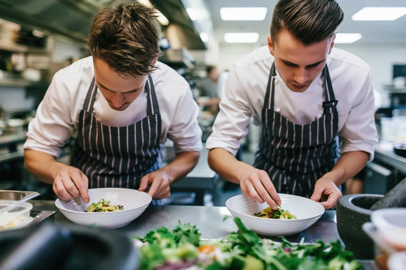 Two chefs plating pasta dishes in a commercial kitchen