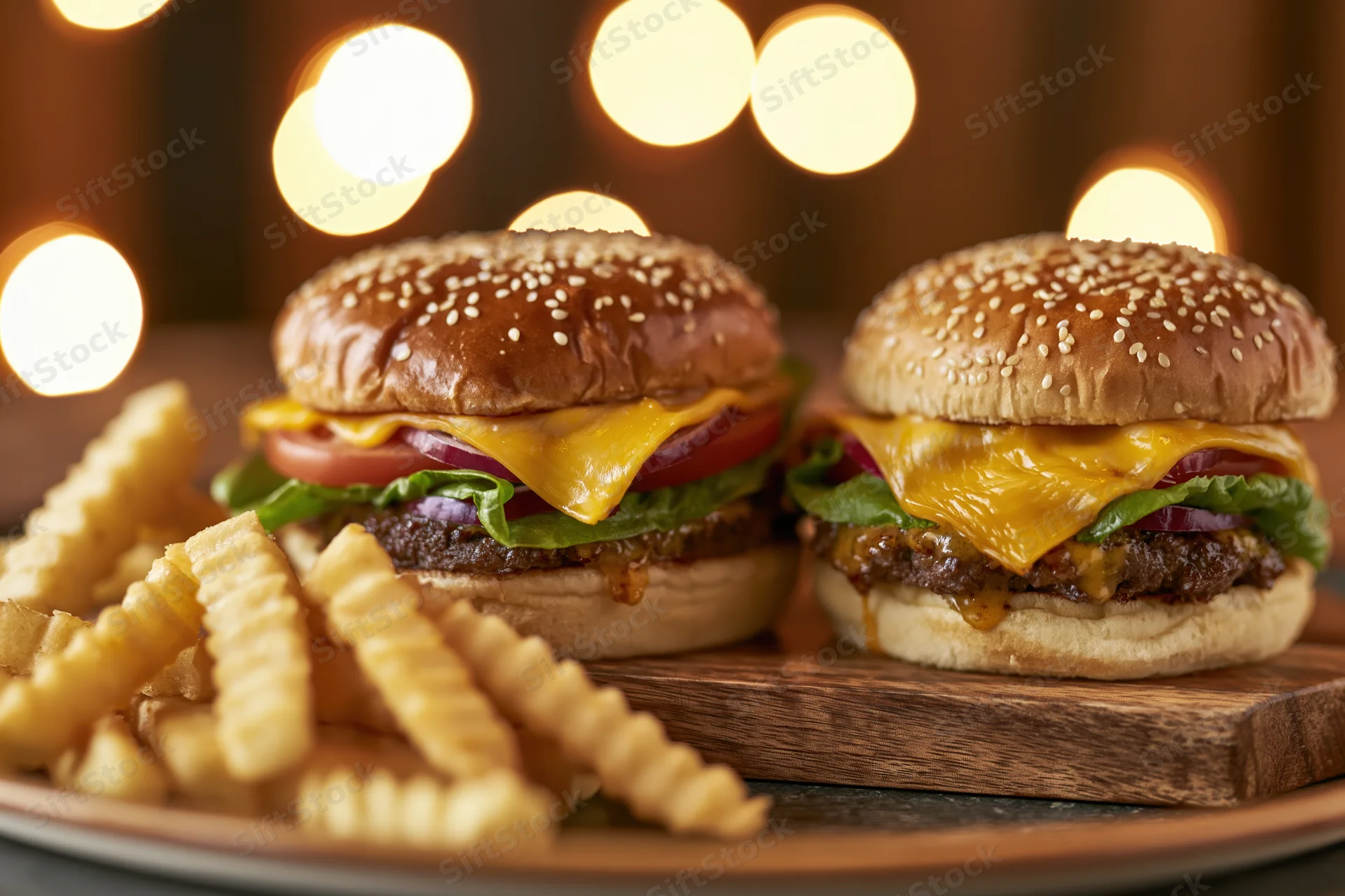 Two cheeseburgers with sesame seed buns and crinkle-cut fries on a wooden board, served on a plate with warm bokeh lights in the background