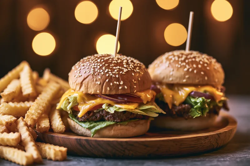Two cheeseburgers with sesame seed buns and french fries on a wooden plate with warm bokeh lights in the background
