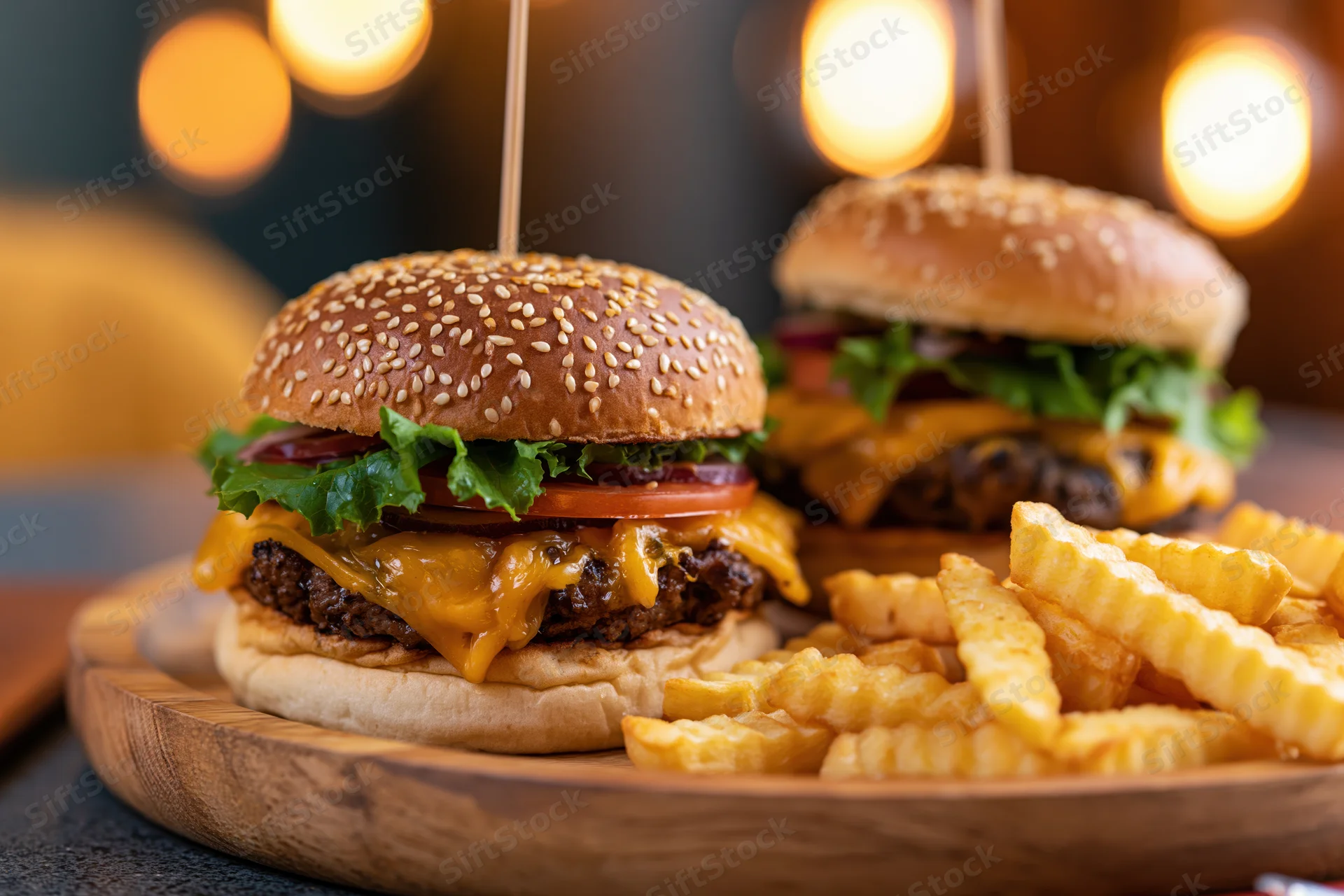 Two cheeseburgers with sesame seed buns and crinkle-cut fries on a wooden plate