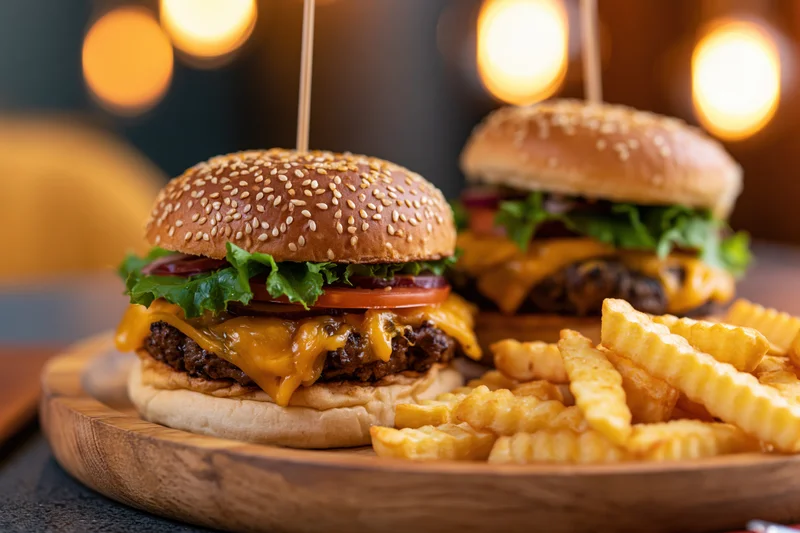 Two cheeseburgers with sesame seed buns and crinkle-cut fries on a wooden plate
