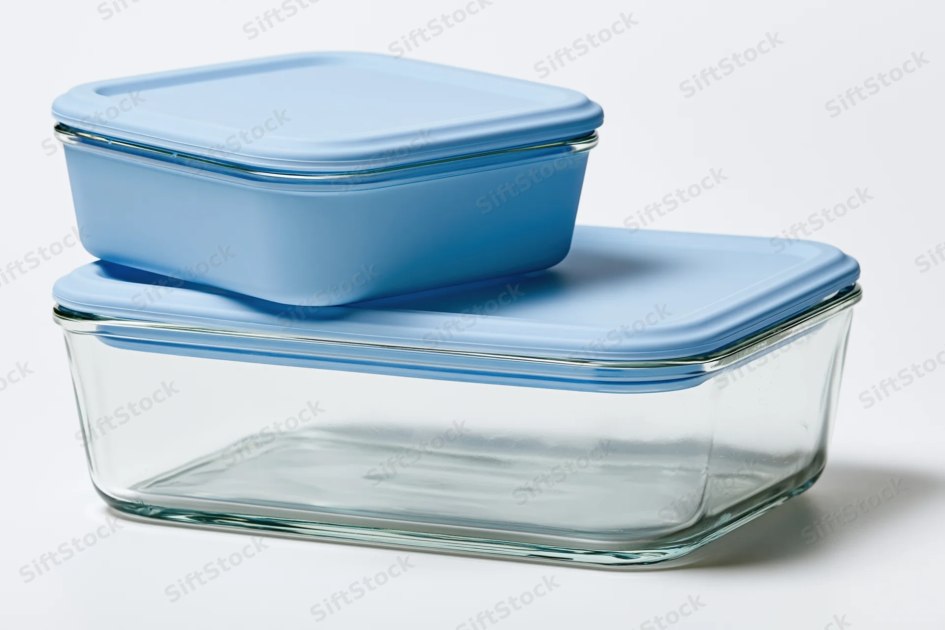 Two clear glass food storage containers with sky-blue plastic lids stacked on white background